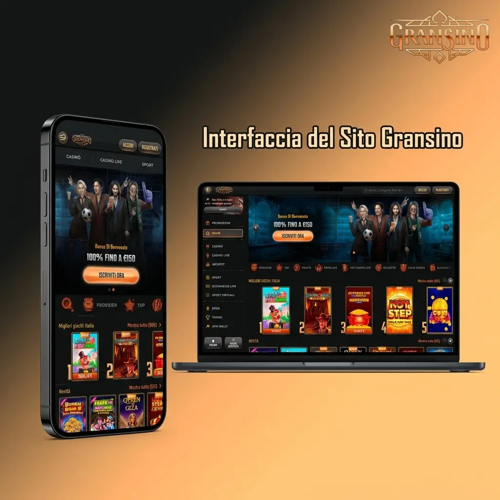 Interfaccia sito Gransino con barra di navigazione per Scommesse, eSport, Casino, Live Casino, Promozioni e Assistenza