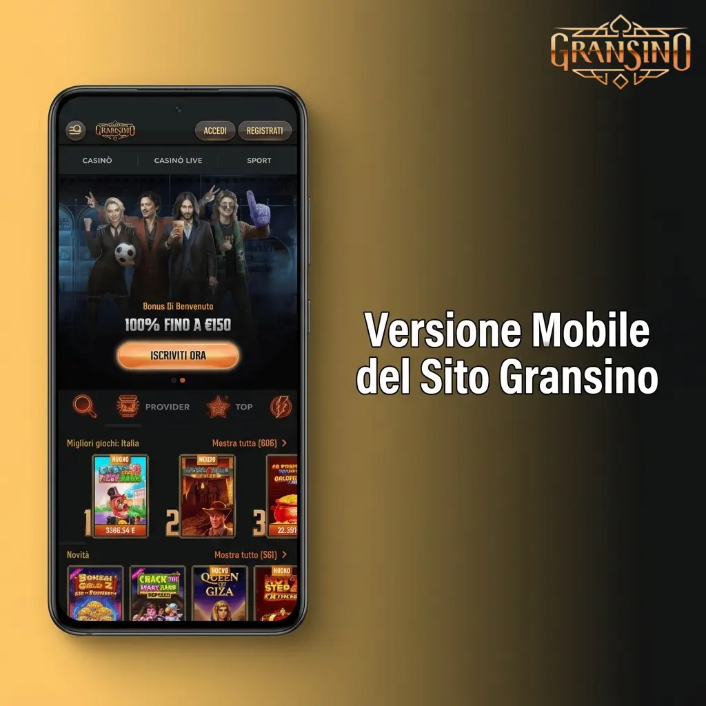 Interfaccia mobile di Gransino su smartphone, con navigazione intuitiva e accesso a sport, casino e pagamenti