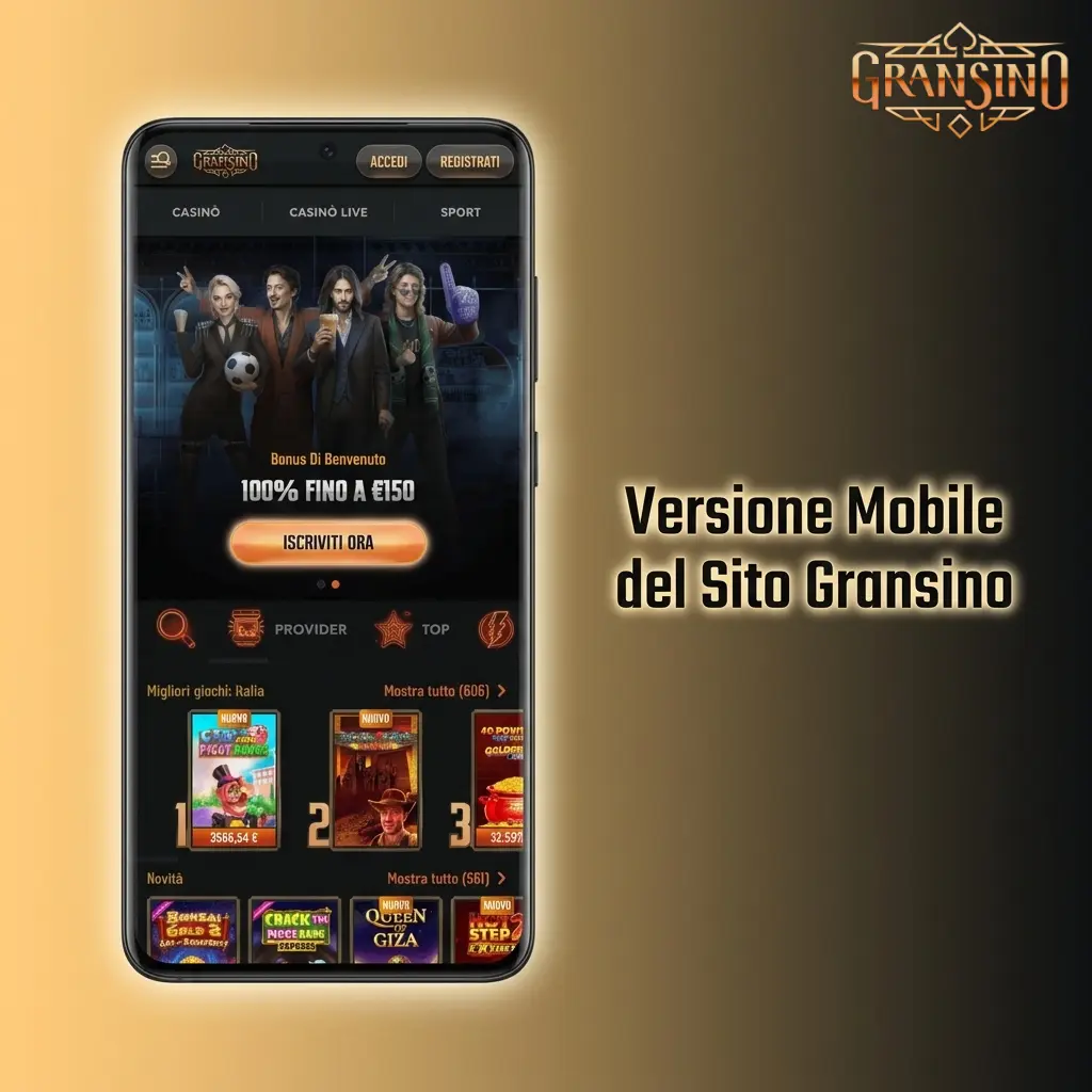Sito mobile Gransino ottimizzato per smartphone e tablet con scommesse, casino e pagamenti senza download